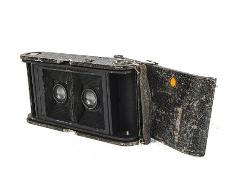 A Modified Kodak Stereo Camera, with C. P. Goerz Syntor f/6.8 51?8” lenses, body, F, lenses, G, marked ‘Haselton No.9 620’ to
