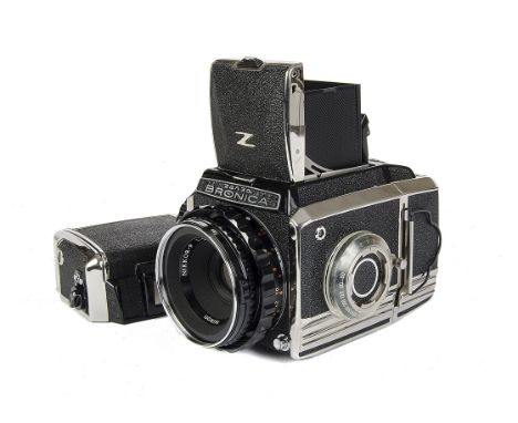 A Zenza Bronic S2A Camera, chrome, serial no. 152124, with Nikkor-P f/2.8 75mm lens, black, serial no. 190143, body, E, shutt