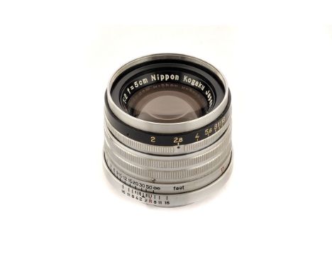 A Nikon Nikkor-H.C f/2 50mm Lens, L39 screw, chrome with black ring, serial no. 730172, VG, elements, VG