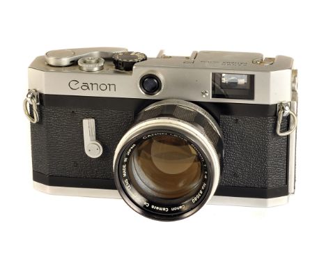 A Canon P Rangefinder Camera, chrome, serial no. 721116, with Canon f/1.4 50mm lens, chrome, serial no. 83580, body, G, shutt