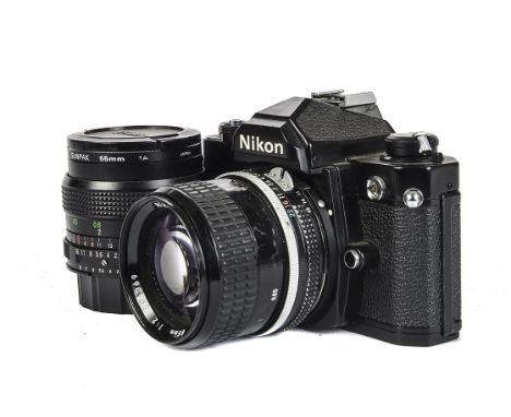 Nikon FM Camera, black body with an f/2 85mm Nikkor and an f/2 28mm Vivitar (a lot)