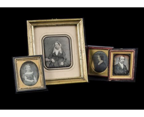 Daguerreotypes: sixth-plate of seated woman with lappets, gold highlights, wall-mounted, VG, edge oxidisation; sixth-plate - 