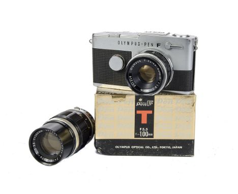 Olympus Pen FT Camera, chrome body with f/1.8 38mm and f/3.5 100mm Zuiko lenses (2)