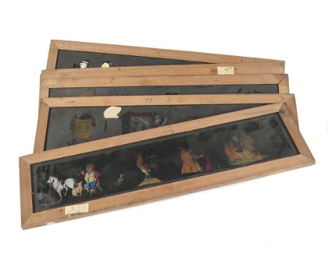 Mahogany-mounted Magic Lantern Slides: multiple image story/nursery rhyme slides, hand painted, 370 102mm, F-G, two cracked (