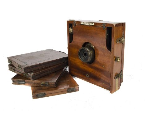 A J. Lancaster 1890 Instantograph Mahogany Field Camera, 4½x6¼, with J. Lancaster f/10 brass lens, body, G-VG, lens, G-VG, wi