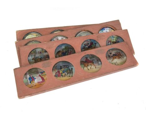 Mahogany-mounted Magic Lantern Slides: story slides, four circular images per slide, mounts stamped ‘Newton’, one marked ‘Dic