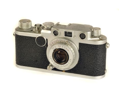 A Leica IIf Rangefinder Camera, chrome, red dial, serial no. 787695, with Leitz Elmar f/3.5 50mm lens, chrome, red dial, seri