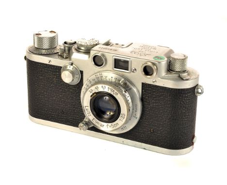 A Leica IIIf Rangefinder Camera, red dial, chrome, serial no. 640322, with Leitz Elmar f/3.5 50mm lens, chrome, serial no. 54