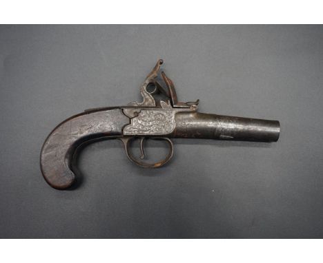 An antique flintlock pocket pistol, by 'Perry, London', with walnut grip, overall length 19.5cm.IN HOUSE SHIPPING IS NOT AVAI