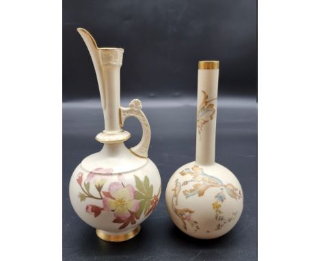 A Royal Worcester ewer and similar bottle vase, the ewer circa 1888, shape no. 783, 19cm high; the vase shape no. 1215, 16cm 