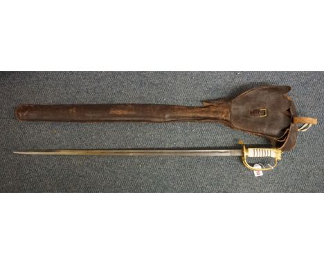 A 1827 pattern Naval officer's sword and scabbard, by Gieves, with chamois sleeve and leather bag. IN HOUSE SHIPPING IS NOT A