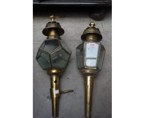 Two similar brass wall lanterns, each bearing copper plaque inscribed 'Line House Lamp Co'.&nbsp; 