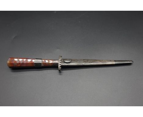 An unusual agate handled stiletto dagger and white metal sheath, the 13.5cm blade with anchor and seaweed decoration, overall