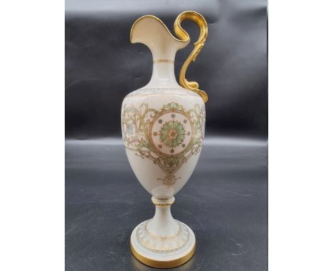 A Royal Worcester ewer, circa 1953, shape no. 2711, of claret jug form, painted with a panel of fruit, by J Flexman, 27.5cm h