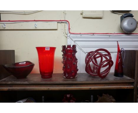 Five Continental ruby glass items, to include a Barovier &amp; Toso style vase, 26cm high.&nbsp; 