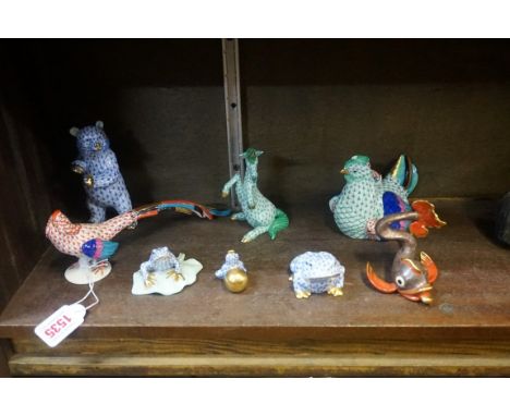 Eight Herend porcelain animals,&nbsp;largest 12.5cm high, (chip to comb of chicken). 
