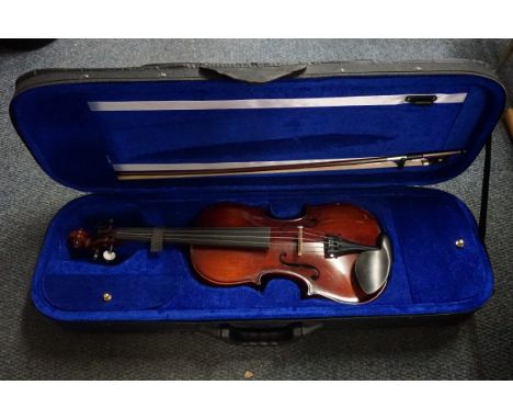 Five various violins, each with bow and in padded case.&nbsp; 