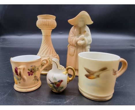 A small group of Royal Worcester miniature blush ivory items, comprising: a coffee can, painted with robins, 4cm high; a flor