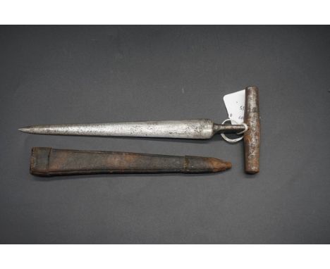 A rare 19th century thrusting knife and leather sheath, the 18.5cm blade inscribed 'The Irish Thug Knife' and 'Major General 