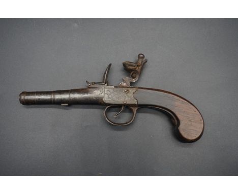 An antique cannon barrel flint lock pocket pistol, by 'T Coe, Cambridge', having walnut grip, overall length 21cm.IN-HOUSE SH