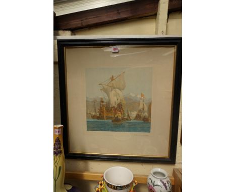 Norman Wilkinson, a 17th century battleship, signed in pencil, colour print, I.33 x 33.5cm. 