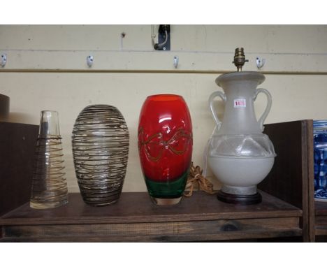 A Murano glass twin handled lamp base, possibly Seguso, total height 44cm; together with three further art glass vases, large