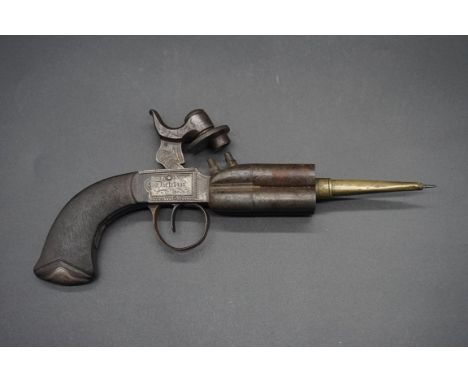 A 19th century Irish Rigby system four barrel percussion pistol with screw in spike, the lock inscribed 'Mark & Jno Pattison,