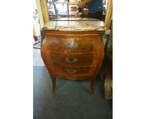 A small reproduction, Louis XV style, walnut and marble top bombe commode,&nbsp;57cm wide. 