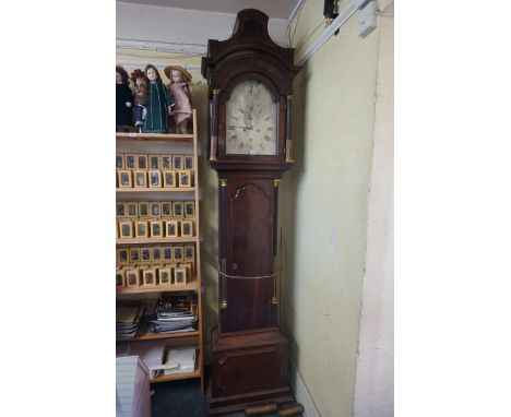 A George III mahogany eight day pagoda top longcase clock,&nbsp;with 12in silvered dial, 238cm high, with pendulum and two we