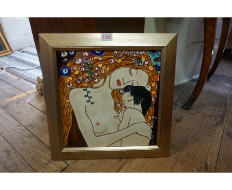 A pottery plaque of a mother and child, 30 x 30cm; together with another mahogany mounted pottery tile tray, 38cm wide. (2)&n