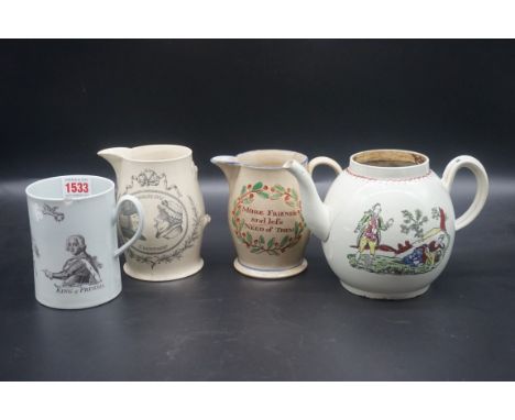An interesting group of 18th century pottery and porcelain, to include a Worcester 'King of Prussia' cider mug, 11.5cm high, 