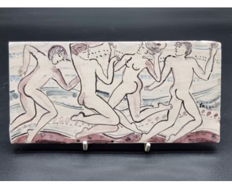 Studio Pottery: a Yolande Beer pottery tile, painted with four nudes, signed, 9.5 x 20cm. 