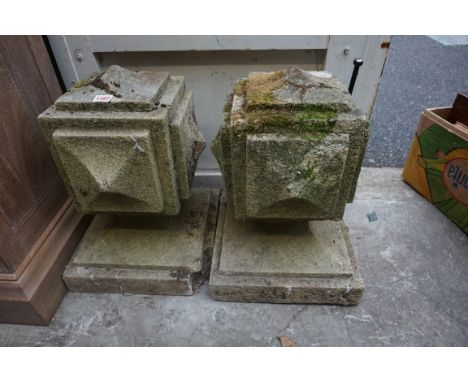 A pair of old composition stone gate pier finials, of lantern form, 50cm high, (a.f.).&nbsp;&nbsp; 