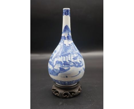 A Chinese blue and white bottle vase,&nbsp;Kangxi four character mark to base, 20cm high, on hardwood stand. 