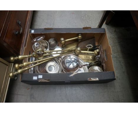 A collection of brass and electroplate; to include: a set of fire irons; a pair of fire dogs; and an Art Nouveau copper crumb