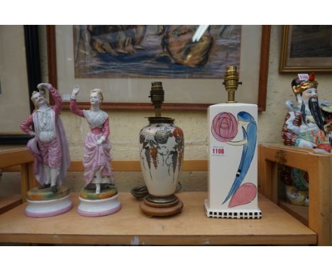 A pair of French porcelain figures, 30cm high; together with a Japanese Satsuma pottery table lamp; and another Mackintosh st