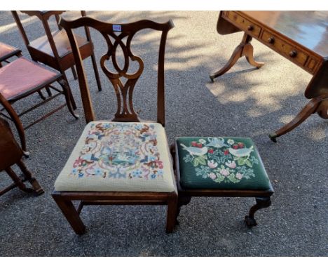 A Georgian mahogany dining chair,&nbsp;having tapestry seat; together with an antique stool.&nbsp; 