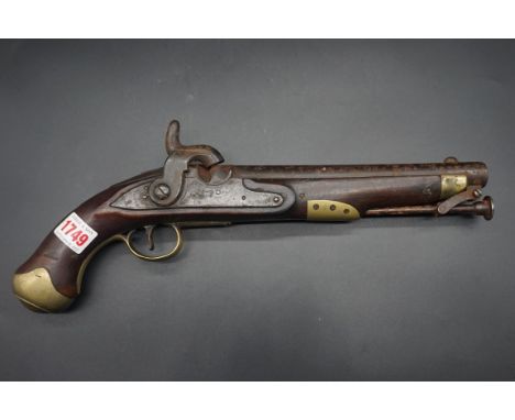 A Napoleonic British percussion cavalry pistol, the lock plate inscribed 'Tower' and with crown and GR cypher, with brass mou