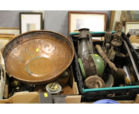 TWO BOXES OF VINTAGE METALWARE ETC. TO INCLUDE A LARGE COPPER BOWL, BLOW LAMP ETC. 