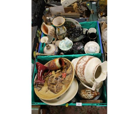 TWO TRAYS OF ASSORTED CERAMICS TO INCLUDE SYLVAC VASES, VINTAGE TEAPOTS, VINTAGE WATER JUG ETC. 