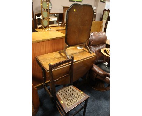 AN OAK DROPLEAF TABLE WITH AN OAK FIRESCREEN TABLE AND A STOOL (3)