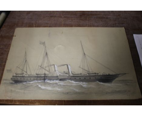 AN UNFRAMED PENCIL SKETCH OF A SHIP