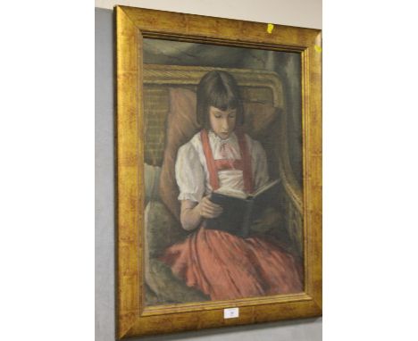 AFTER CHARLES SPENCOLEAH - AN OIL ON BOARD OF A PORTRAIT OF A YOUNG GIRL READING