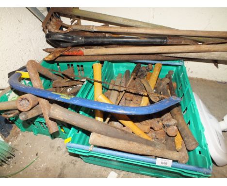 TWO TRAYS OF HAMMERS, GARDENING TOOLS ETC
