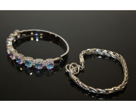 A SILVER BRACELET TOGETHER WITH A GEM SET  BANGLE 