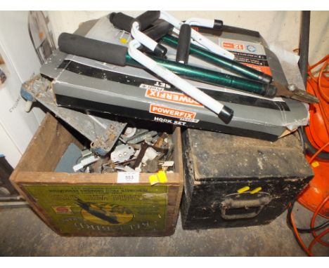 A VINTAGE APPLE CRATE PLUS CONTENTS, POWER FIX HOOK SET PLUS TOOLBOX CONTAINING YALE DOOR HANDLE MECHANISMS