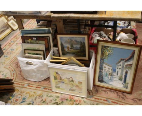 A SELECTION OF ASSORTED PICTURES AND PRINTS TO INCLUDE AN INLAID TREEN PANEL, OIL ON CANVAS SIGNED AUSTIN, WATERCOLOURS ETC. 