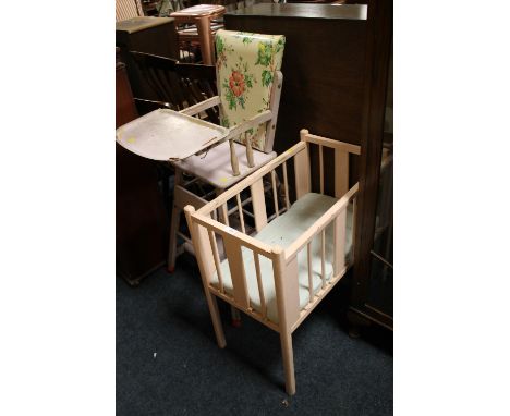 A VINTAGE CHILDS HIGH CHAIR AND A COT (2)