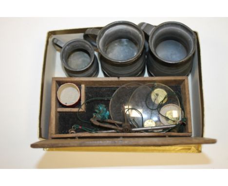 TWO SETS OF ANTIQUE SCALES AND THREE PEWTER MEASURES