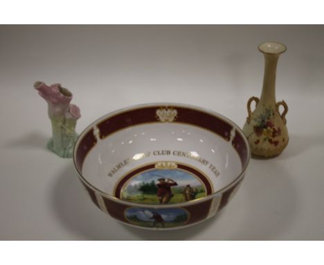A ROYAL WORCESTER GOLFING COLLECTION BOWL TOGETHER WITH A BLUSH IVORY VASE AND CORAL STYLE VASE (3)